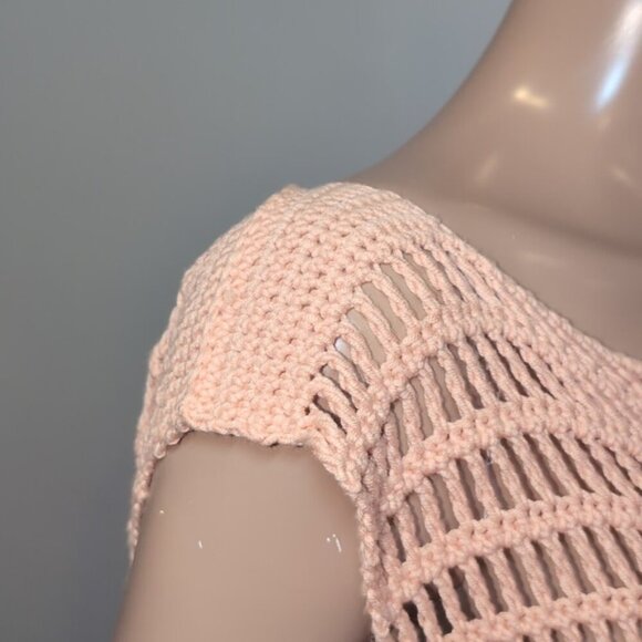 3/$20 Peach Crochet Shell Dress Beach Swim Cover Up Cap Sleeve Sheath Boat Neck - Picture 9 of 11